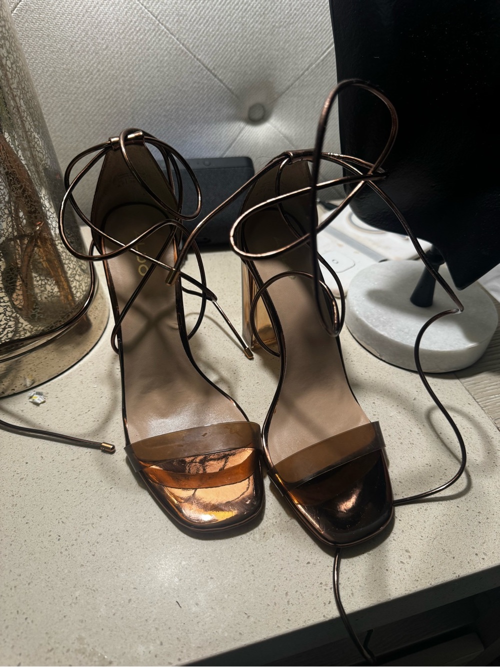 Aldo Metallic Copper Lace-Up Block Heel Sandals